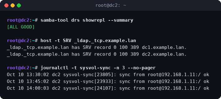 samba-tool drs showrepl meldet ALL GOOD, beide DCs stehen im DNS, der SYSVOL-Abgleich läuft alle 15 Minuten
